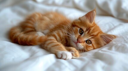 Obraz premium A Small Scottish Kitten Lying Down On A White Bed, Embodying Relaxation And Coziness