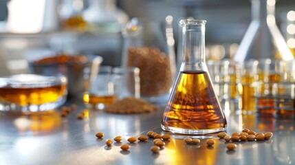 Detailed scientific image of a conical flask containing liquid biodiesel