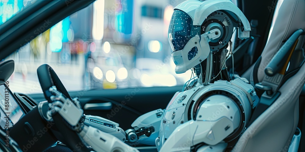 Aufkleber the visual portrays a future where advanced robotics transform industries such as manufacturing, hea