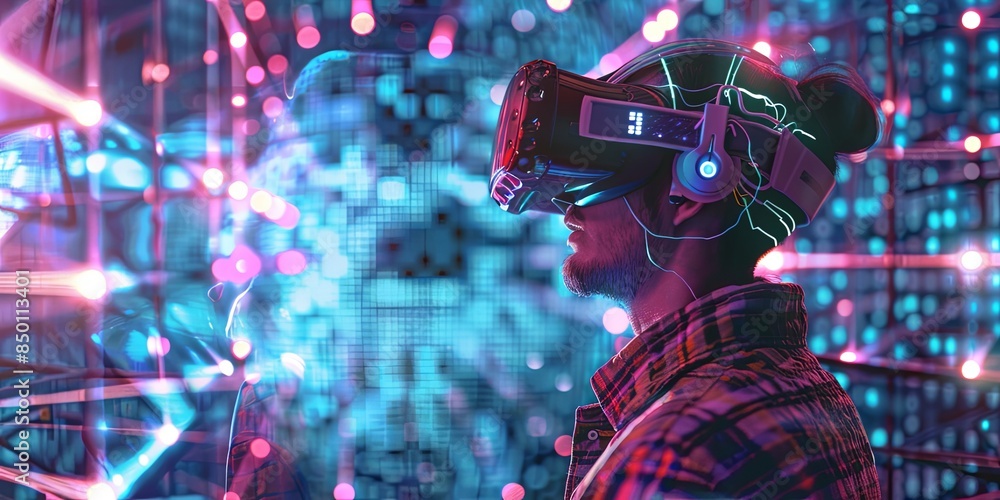 Aufkleber Virtual Reality (VR) creates immersive, computer-generated environments that simulate realistic sensory experiences, allowing users to interact with and explore virtual worlds