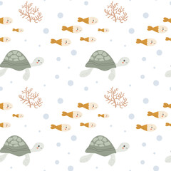 Fototapeta premium Childrens sea animals pattern, childish ocean marine life seamless background. Nursery baby animals print. Underwater inhabitants collection background for kids textile, clothes, wallpapers.