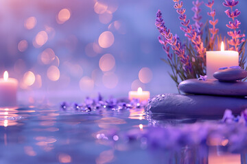 Calming spa scene with lavender candles, stones, and flowers, promoting relaxation and a serene atmosphere for rejuvenation