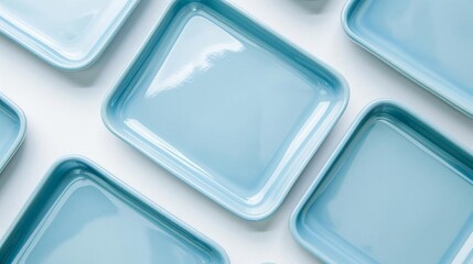 Light blue ceramic trays displayed on a white background, top view of empty rectangle trays, perfect for product display and posing, clean and modern