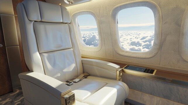 Luxurious private jet interior with a comfortable seat, wooden accents, and scenic sky view through windows, exuding elegance and exclusivity.