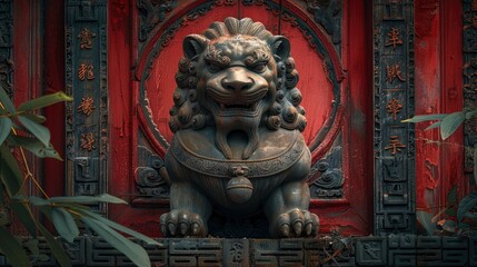 Obraz premium A Striking Chinese Red Door Adorned With A Majestic Copper Lion