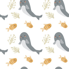 Childrens sea animals pattern, childish ocean marine life seamless background. Nursery baby animals print. Underwater inhabitants collection background for kids textile, clothes, wallpapers.