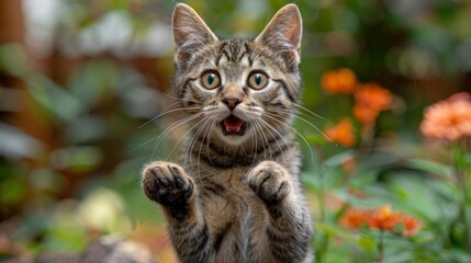 Fototapeta premium A Surprised Cat Stands On Its Hind Legs With An Open Mouth, Full Of Wonder