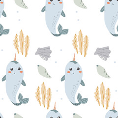 Childrens sea animals pattern, childish ocean marine life seamless background. Nursery baby animals print. Underwater inhabitants collection background for kids textile, clothes, wallpapers.