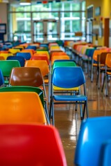 Fototapeta premium A row of colorful classic plastic chairs, peeled color and old style audience seats.