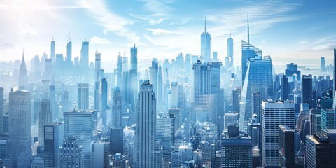 Skyscraper cityscape showcases the vertical dimension of urban architecture, focusing on the towering skyscrapers and high-rise buildings that define the city skyline