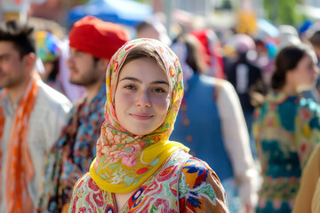Fototapeta premium Happy woman in traditional colorful attire at a cultural event, showcasing her heritage with a warm smile and festive spirit