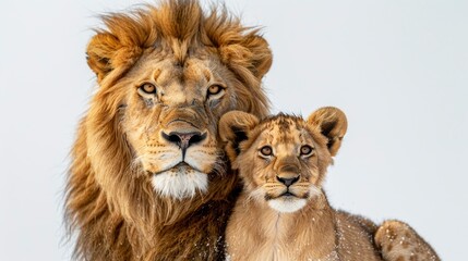 Fototapeta premium A Touching Image Of A Lion Family, The Father And Child Hugging Each Other Lovingly Against A White Background
