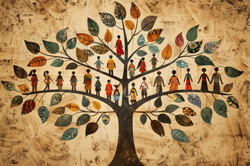 Artistic depiction of a family tree with colorful leaves and diverse figures, celebrating heritage, connection, and the beauty of ancestry and roots