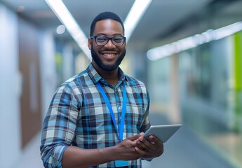 Happy African American man manager in office building