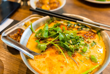 Laksa soup bowl in restaurant