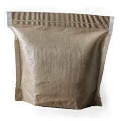 The image showcases a sealed brown paper packaging pouch on a transparent, white background, ideal for png representation