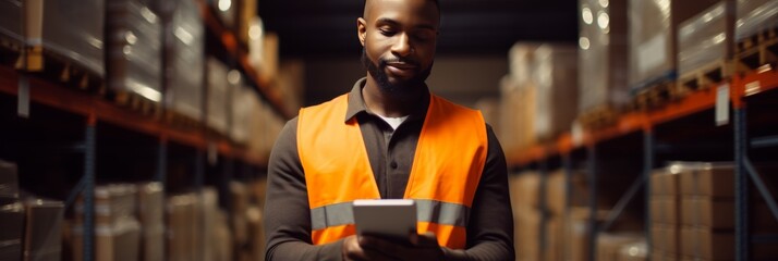 African worker in warehouse using tablet for inventory check and logistics management