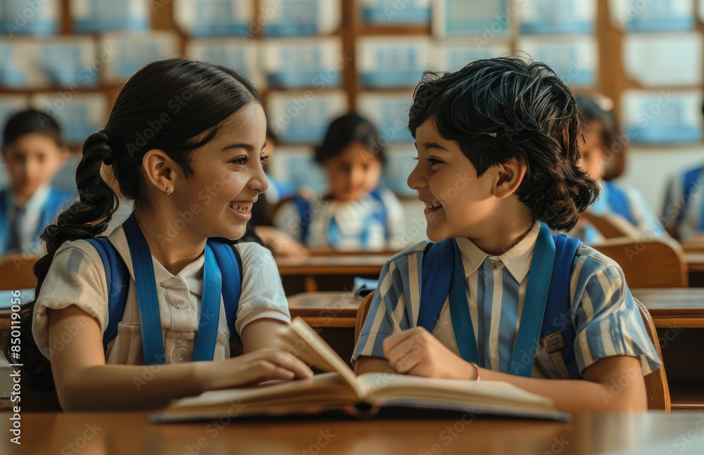 Wall mural two children, one girl and the other boy with black hair wearing a blue and white striped shirt, as they read a book in a school classroom while smiling at each other