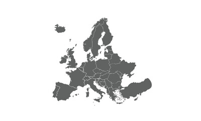 Europe with countries isolated on white background. for website layouts, background, education, precise, customizable, Travel worldwide, map silhouette backdrop, earth geography, political, reports.