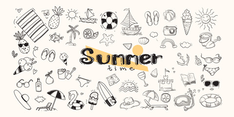 Fototapeta premium Doodle set of summer icon symbol hand drawn vector illustration. Beach vacation travelling concept isolated on white background.