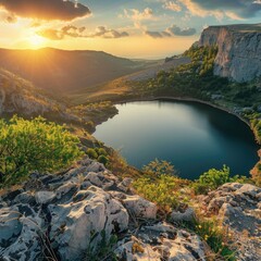 Calm summer view of mountain lake in Crimea. Splendid evening scene of small pond in Crimea mountains, Ukraine, Europe. Beauty of nature concept background.