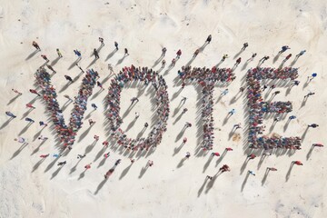 The word Vote is made of people standing and gathered together. aerial view of humans.