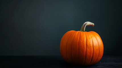 A vibrant orange pumpkin against a dark background, perfectly framed with ample copy space on the left