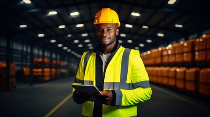 African worker in factory using tablet for inventory and inspection with digital logistics app