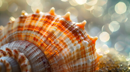 A shell with a spiral pattern is shown in a close up