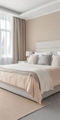 Fototapeta premium Minimalist modern hotel room in beige tone with natural window lighting. Interiors composition.
