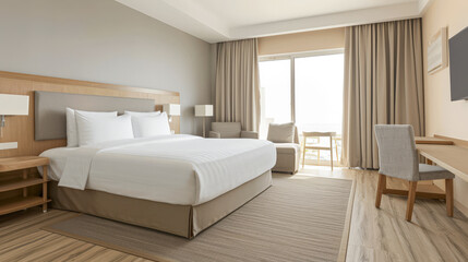 Minimalist modern hotel room in beige tone with natural window lighting. Interiors composition.