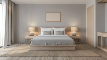Minimalist modern hotel room in beige tone with natural window lighting. Interiors composition.