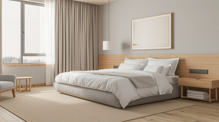 Obraz premium Minimalist modern hotel room in beige tone with natural window lighting. Interiors composition.