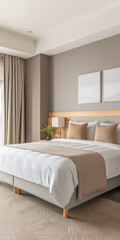 Minimalist modern hotel room in beige tone with natural window lighting. Interiors composition.