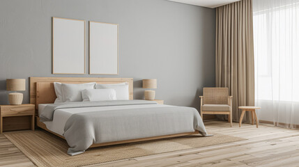 Minimalist modern hotel room in beige tone with natural window lighting. Interiors composition.