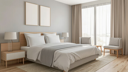 Fototapeta premium Minimalist modern hotel room in beige tone with natural window lighting. Interiors composition.