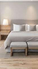 Minimalist modern hotel room in beige tone with natural window lighting. Interiors composition.
