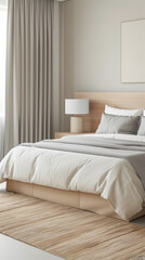 Minimalist modern hotel room in beige tone with natural window lighting. Interiors composition.