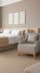 Minimalist modern hotel room in beige tone with natural window lighting. Interiors composition.