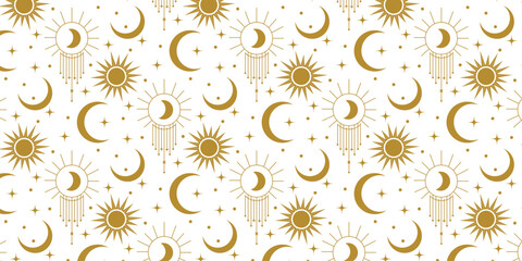 Mystical Celestial Pattern: A seamless pattern featuring mystical celestial symbols, including suns, moons, and stars, in gold on a white background. Perfect for fabric, wallpaper, or gift wrap design