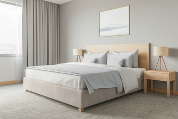 Minimalist modern hotel room in beige tone with natural window lighting. Interiors composition.