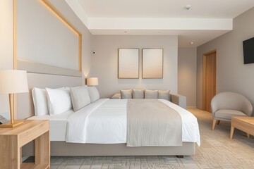Fototapeta premium Minimalist modern hotel room in beige tone with natural window lighting. Interiors composition.