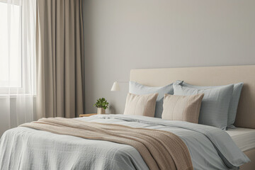 Minimalist modern hotel room in beige tone with natural window lighting. Interiors composition.
