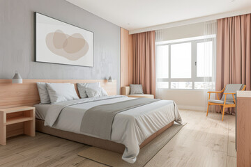 Minimalist modern hotel room in beige tone with natural window lighting. Interiors composition.