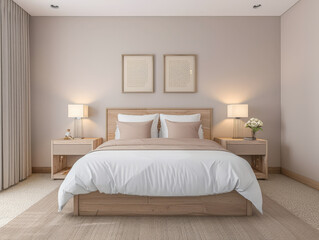 Minimalist modern hotel room in beige tone with natural window lighting. Interiors composition.