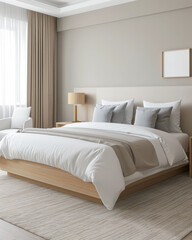 Minimalist modern hotel room in beige tone with natural window lighting. Interiors composition.