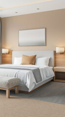 Minimalist modern hotel room in beige tone with natural window lighting. Interiors composition.