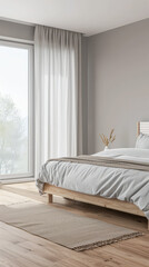 Minimalist modern hotel room in beige tone with natural window lighting. Interiors composition.