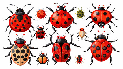 Set Of Lady Bugs Vector Illustration, Collection Of Lady Bugs
