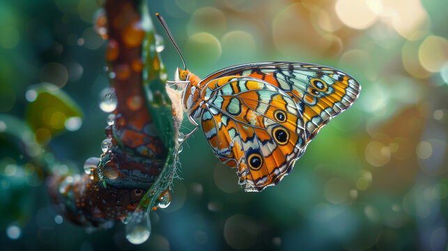 Colorful Butterfly on Dewy Branch

